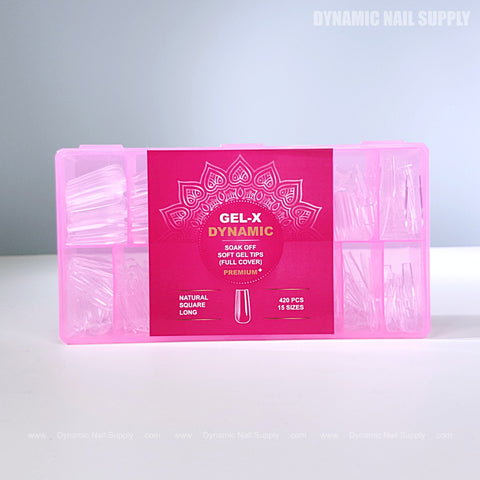 Pink box with 420 Natural Square (Long) Full Cover Soft-Gel Nail Tips in 15 sizes for Gel X nails.