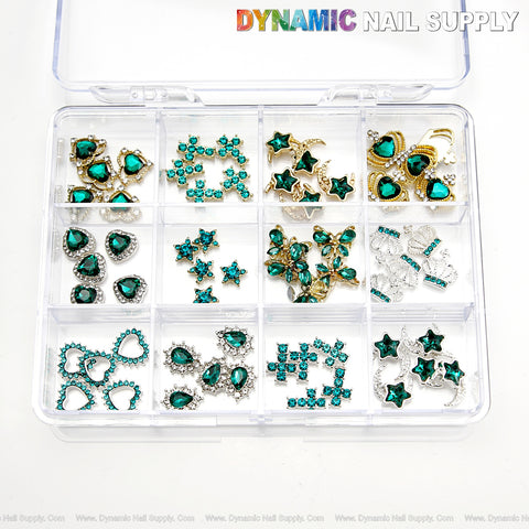 60pcs Green Silver and Gold Rhinestone Heart Butterfly Star Crown Cross Nail Charm Set Box