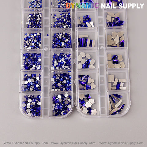 [Blue] Multi Shape Size Nail Crystal Gem Rhinestone Set—Flat Back, mixed shapes/sizes with kit for nail art.