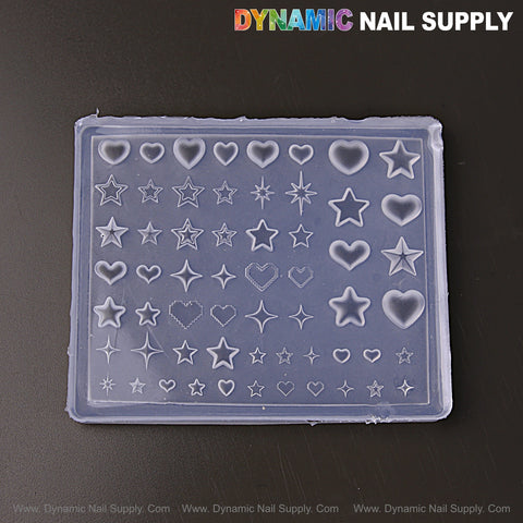Mixed Size Hearts and Stars 3D Silicone Nail Mold for custom embossed charms, by Dynamic Nail Supply.