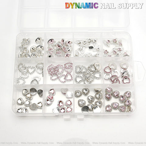 120pcs Bundle Pink and White Silver Gold Rhinestone Heart Shape Nail Charm Set Box