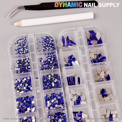 Blue Multi Shape Size Nail Crystal Gem Rhinestone Set—flat back, mixed shapes, with kit for your nail art essentials.