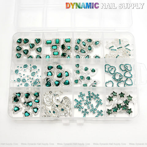 120pcs Bundle Green Silver Rhinestone Heart Shape Star Crown Cross Nail Charm Set Box
