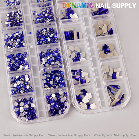 [Blue] Multi Shape Size Nail Crystal Gem Rhinestone Set holds mixed round & shaped rhinestones in plastic containers.