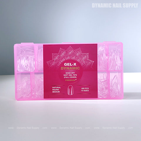 Natural Round (Medium) Full Cover Soft-Gel Nail Tips, 600 pcs, 15 sizes in pink box organizer.