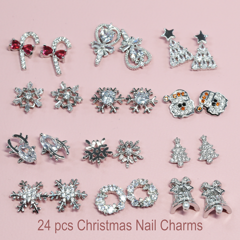 24 pcs Silver Platinum Christmas Nail design Charms (Snowflakes,Bell, Star, Candy,Santa)
