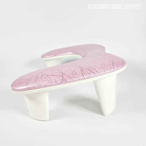 A pink marble U-SHAPE microfiber leather armrest with cushion pillow for manicure is shown; Dynamic Nail Supply in corner.