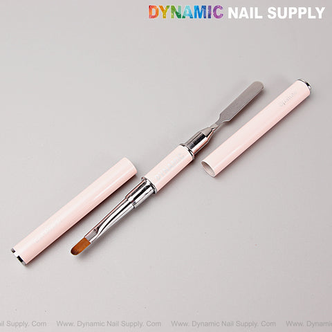 [Silver Pink] Builder Poly Hard Gel Dual Head Brush with oval brush and spatula, shown uncapped on a gray background.