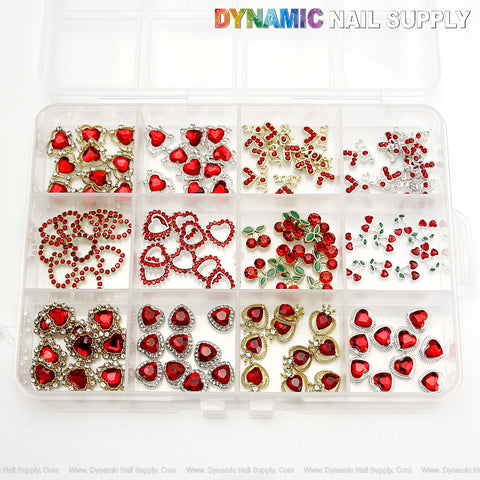 120pcs Bundle Red Silver Gold Rhinestone Heart Shape Cherry Nail Charm Set Box