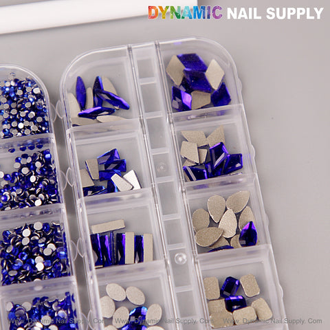 Clear organizer with mixed shape/size blue crystal rhinestones kit by DYNAMIC NAIL SUPPLY.