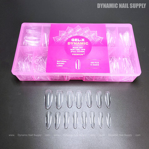 A pink box labeled Natural Round (Long) Full Cover Soft-Gel Nail Tips holds clear, long, round nail tips in rows below.