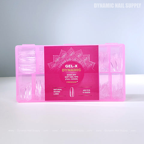 The Natural Round (Long) Full Cover Soft-Gel Nail Tips (Pink Box) includes 400 tips in 15 sizes.