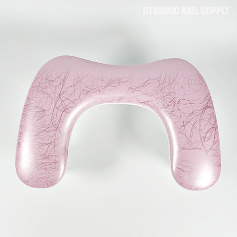 A Pink Marble U-SHAPE Microfiber Leather Armrest with cushion pillow for manicure is shown on a white background.