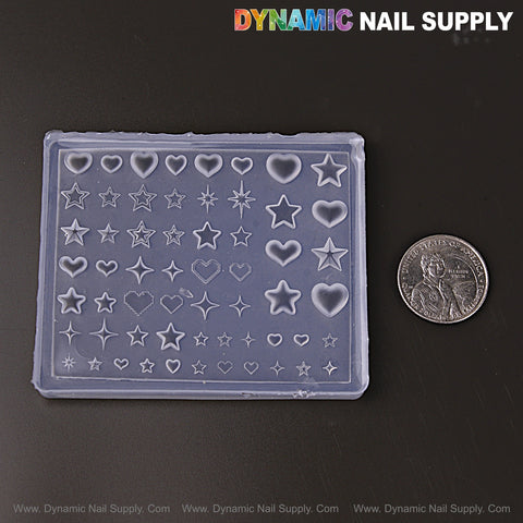 Mixed Size Hearts and Stars 3D Nail Art Silicone Mold for custom charms; sizes shown next to a quarter for reference.