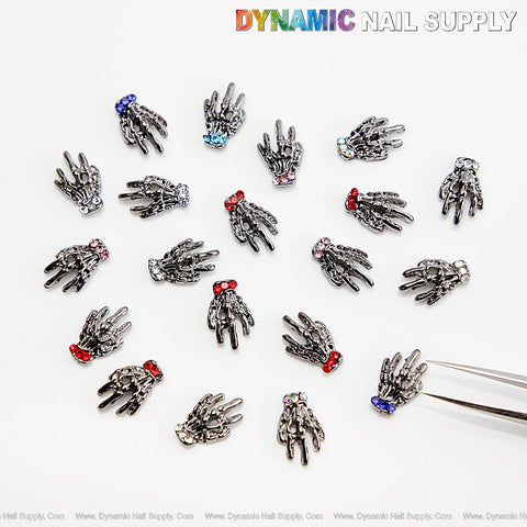 20pcs Metallic Grey Multicolor Rhinestone Skull Hand Bone Nail Charm - Nail Art Design Halloween Seasonal Charm