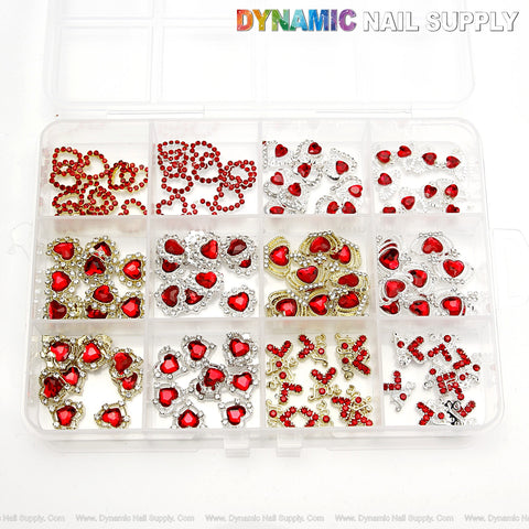 120pcs Bundle Red Silver Gold Rhinestone Heart Shape Nail Charm Set Box