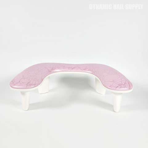 Pink Marble U-SHAPE Microfiber Leather Armrest with cushion pillow for manicure; “Dynamic Nail Supply” in corner.