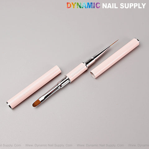 [Silver Pink] Dual Head Oval & 15mm Liner Brush for Gel Nails, capped on each end—perfect for builder gel application.