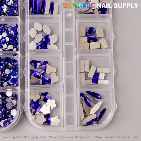 Blue multi-shape nail crystal gem rhinestone set in various sizes, flat back, in a clear storage kit.