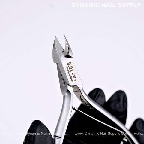 A gloved hand holds the D01 - Jaw 16 Manicure Stainless Steel Cuticle Nippers with precision full jaw trimmer blade.