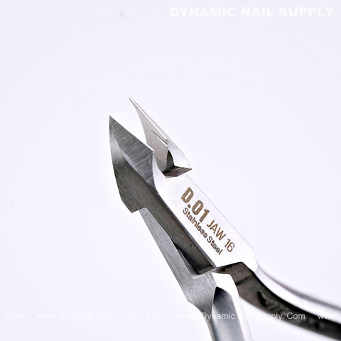 Close-up of D01 - Jaw 16 stainless steel cuticle nippers with precision full jaw trimmer blade for manicures.