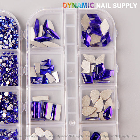 [Blue] Multi Shape Size Nail Crystal Gem Rhinestone Set—flat back, with kit; mixed round/shaped gems for 3D nail art.