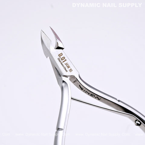Close-up of D01 - Jaw 16 stainless steel cuticle nippers with precision full jaw trimmer blade on white background.