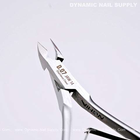 Close-up of D07 - Jaw 14 Cuticle Nippers, super fine jaw clippers for nails, on white background.