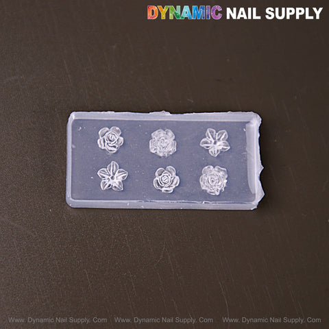 Tiny Roses & Hibiscus Flowers 3D Nail Art Silicone Mold—DIY embossed charms; DYNAMIC NAIL SUPPLY label above.
