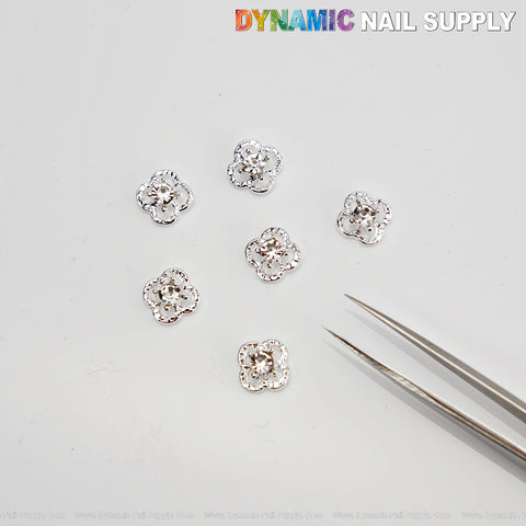 6 pcs Silver Rhinestone V4n Cl3ef Retro Four Leaf Clover with Outline Nail Charms