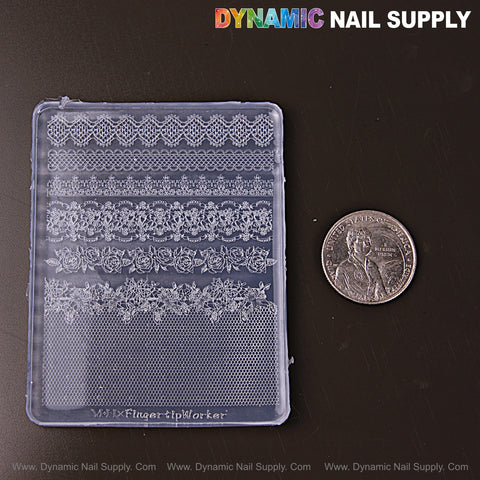 A Mixed Design Lace Patterns-3D Nail Art Silicone Mold for DIY embossed charms is shown beside a US quarter on black.
