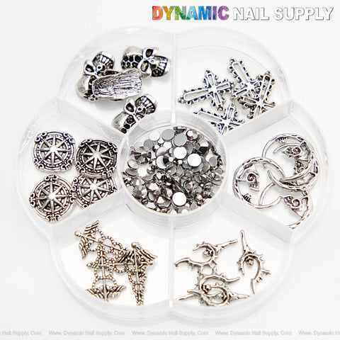 24pcs Metallic Silver Cross Shield Moon Nail Charms and Round Shape Rhinestone Set