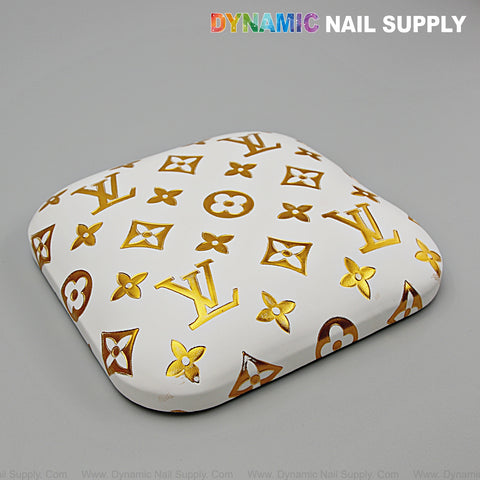 (Gold LV Engrave White) Elbow Pad for Nail Tech : Soft Pu Leather, Supportive, Built for Long Hours
