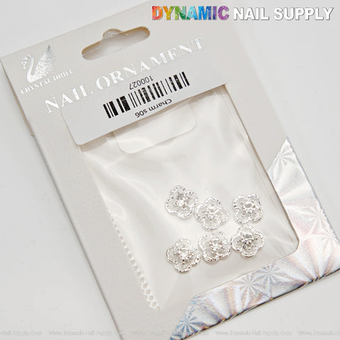 6 pcs Silver Rhinestone V4n Cl3ef Retro Four Leaf Clover with Outline Nail Charms