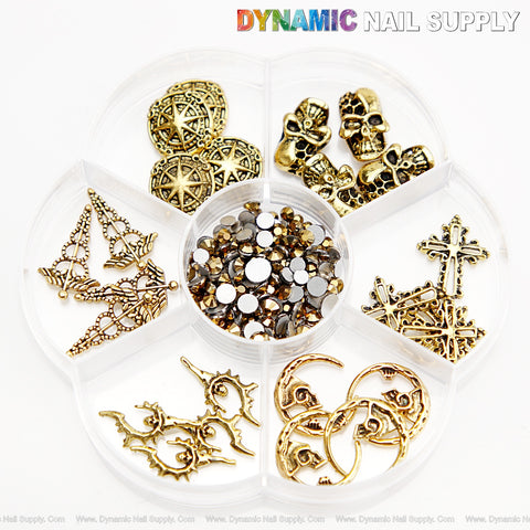 Mixed Metallic Gold Cross Shield Skull Nail Charms with Round Shape Rhinestone Set