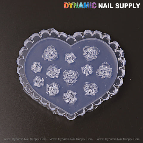 Mixed Size Roses 3D silicone mold for embossed nail charms, by Dynamic Nail Supply; twelve rose designs included.