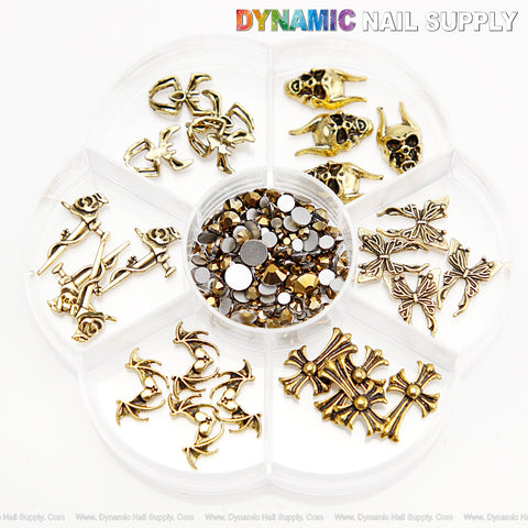 Mixed Metallic Gold Cross Bat Butterfly Spider Nail Charms with Round Shape Rhinestone Set