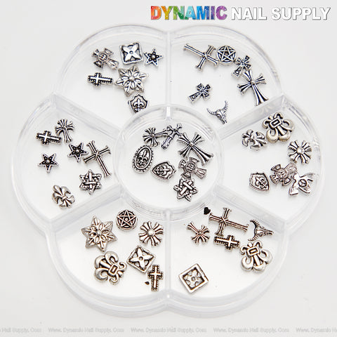 Mixed Metallic Silver Tiny Chrome Heart Cross Shield Bull Head Star Nail Charms Set