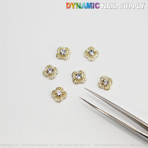 6 pcs Gold Rhinestone V4n Cl3ef Retro Four Leaf Clover with Outline Nail Charms