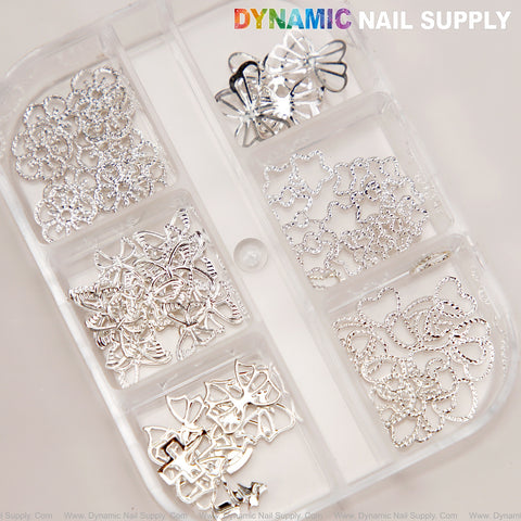 6-grid Mixed Style Silver Rhinestone Butterflies Outline Charms for Nails Gems - Nails Art DIY Design