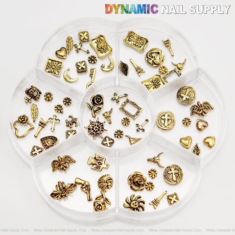 Mixed Metallic Gold Cross Shield Flower Spider Web Nail Charms Set