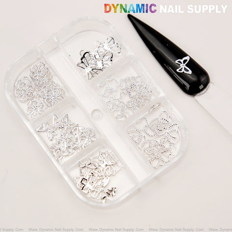 6-grid Mixed Style Silver Rhinestone Butterflies Outline Charms for Nails Gems - Nails Art DIY Design