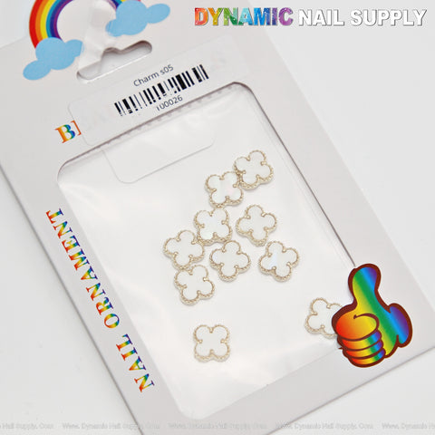 White Big Embossed V4n Cl3ef Retro Four Leaf Clover Nail Charms