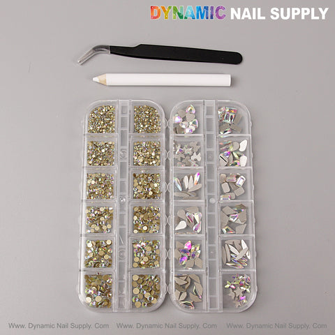 [AB] Multi Shape Size Nail Crystal Gem Rhinestone Set with kit, white pencil, black tweezers; DYNAMIC NAIL SUPPLY above.