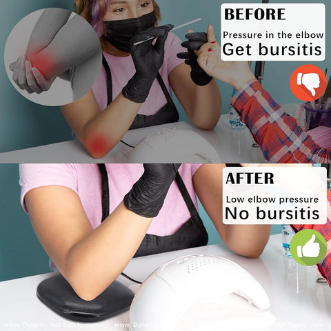 The top image displays a nail technician experiencing elbow pain from pressure while filing nails at the manicure desk. The bottom image shows the technician using a Dynamic Nail Supply (Beige LV+Kitty Pattern) Leather Elbow Cushion Pad Arm Rest Support, reducing pressure and preventing bursitis. Text highlights the before and after effects with the arm rest support.