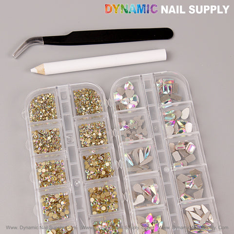 [AB] Multi Shape Size Nail Crystal Gem Rhinestone Set with kit, white pencil, tweezers & logo on light gray background.