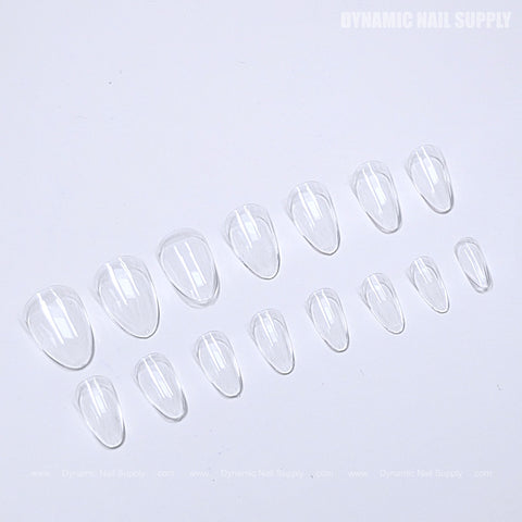 Fourteen Natural Almond (Short) Full Cover Soft-Gel Nail Tips in two rows on a white background.