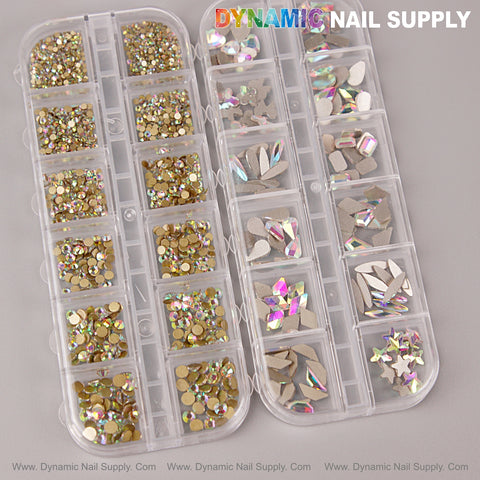 [AB] Multi Shape Size Nail Crystal Gem Rhinestone Set—flat back kit with mixed round and shaped gems for stunning designs.
