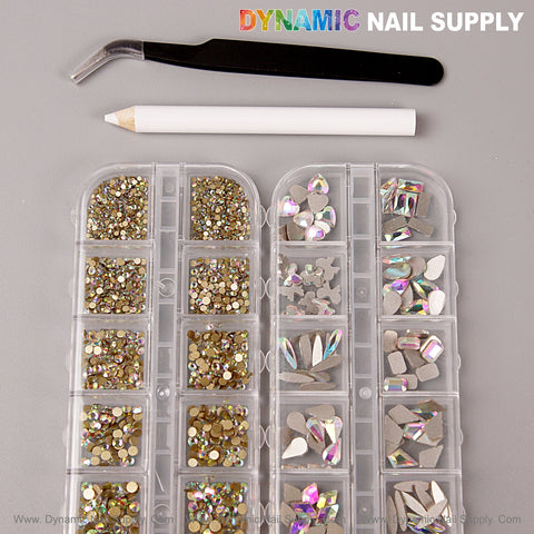 [AB] Multi Shape Size Nail Crystal Gem Rhinestone Kit—flat back, mixed round/shapes, includes tweezers & white pencil.