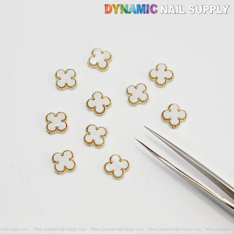 White Big Embossed V4n Cl3ef Retro Four Leaf Clover Nail Charms